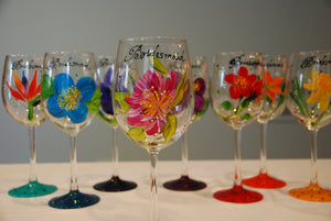 Bridal Party (Floral Bouquet) Hand-painted, Custom Wine Glasses