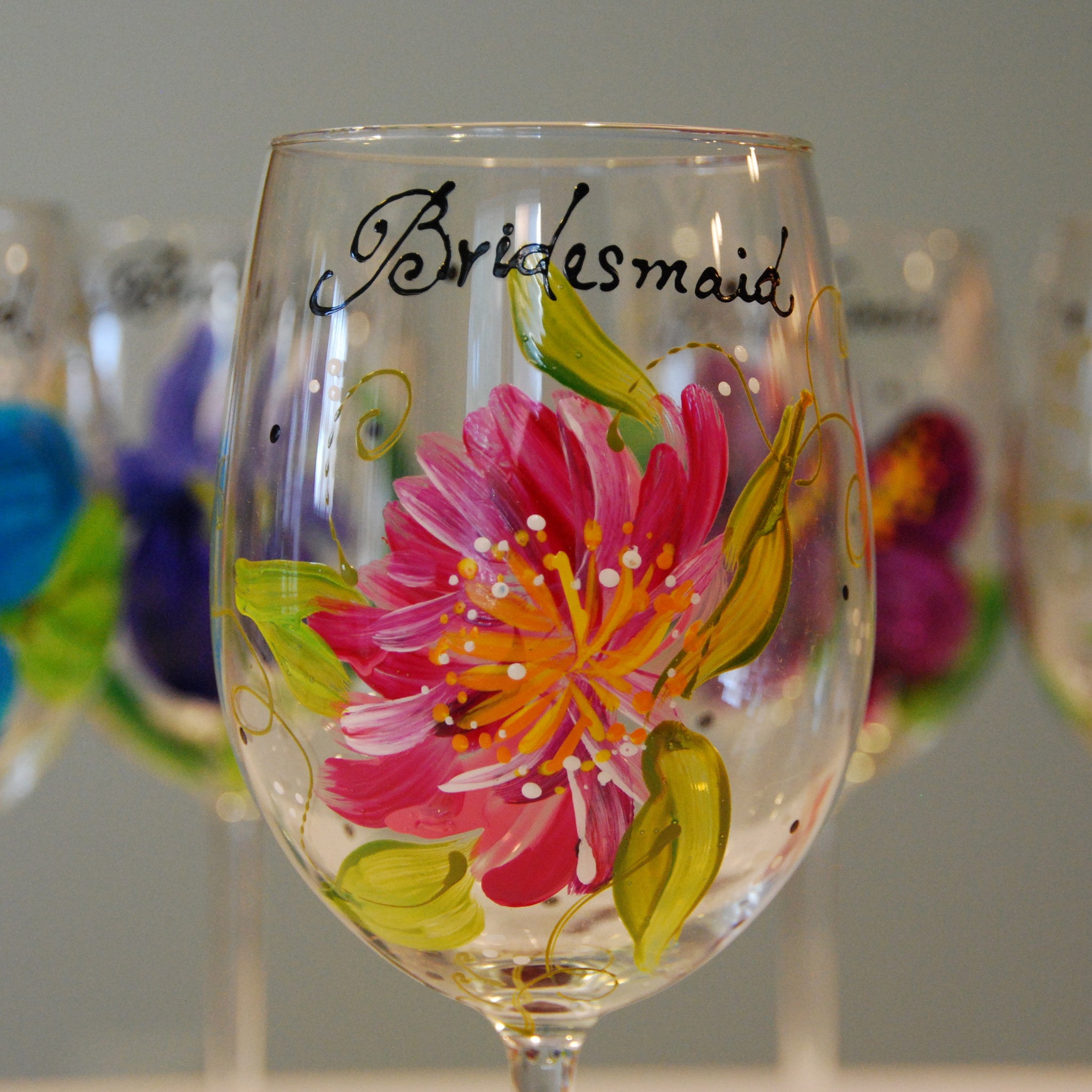 Bridal Party (Floral Bouquet) Hand-painted, Custom Wine Glasses