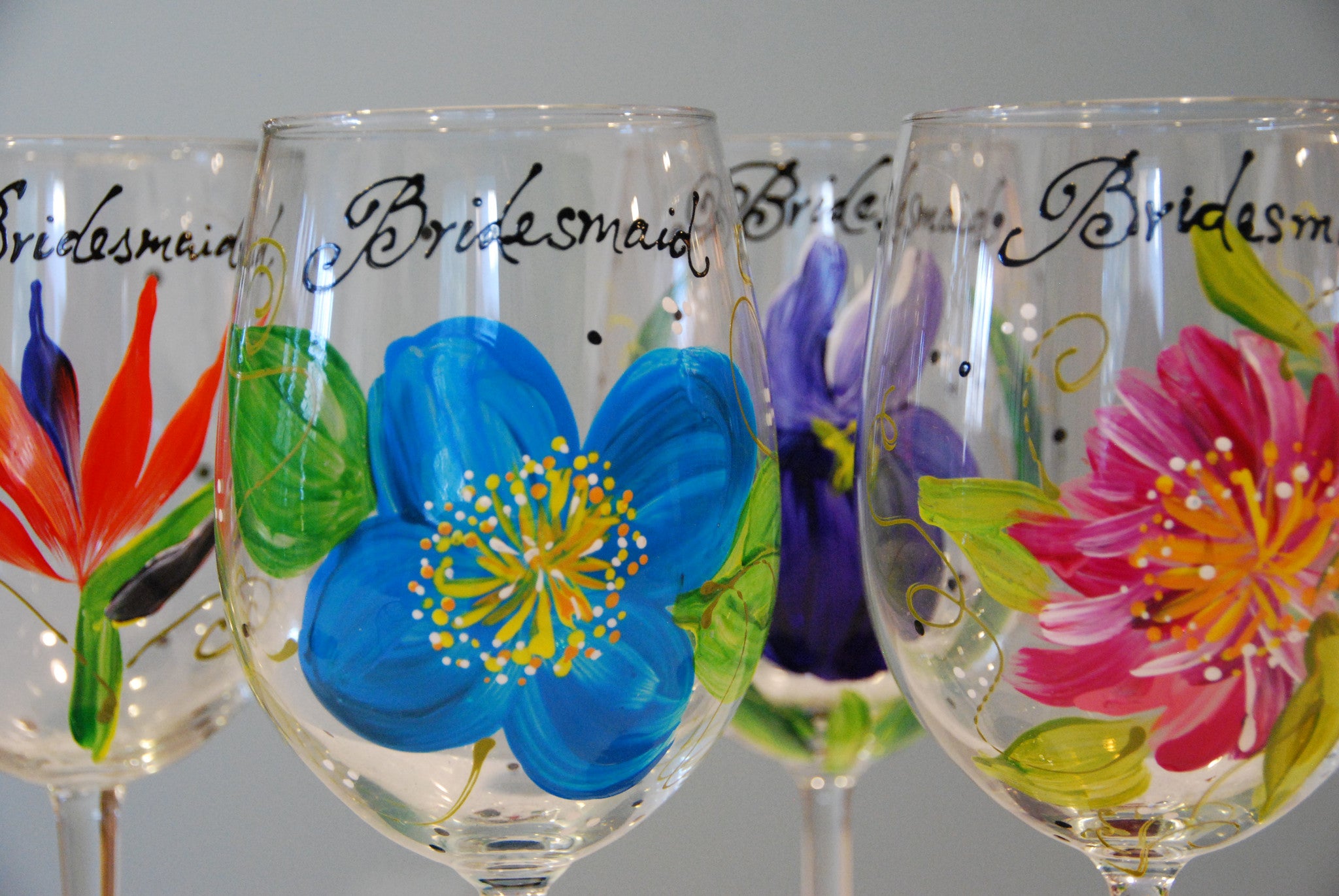 Bridal Party (Floral Bouquet) Hand-painted, Custom Wine Glasses