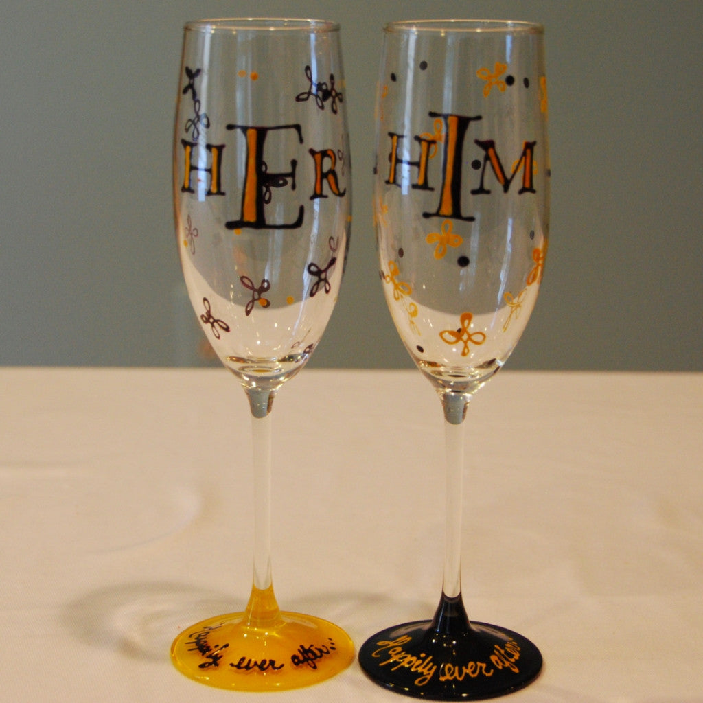 Happily Ever After Hand Painted Wedding Champagne Flutes